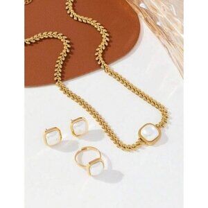3pcs/Set Stainless Steel Square Pendant Set With Faux Pearl  Earrings And Ring